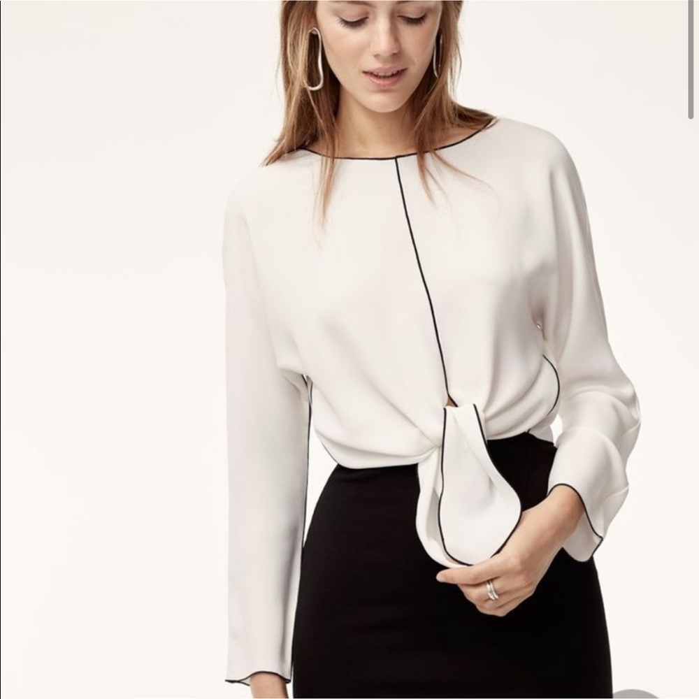 Aritzia Babaton Abasi tie-front blouse with black piping